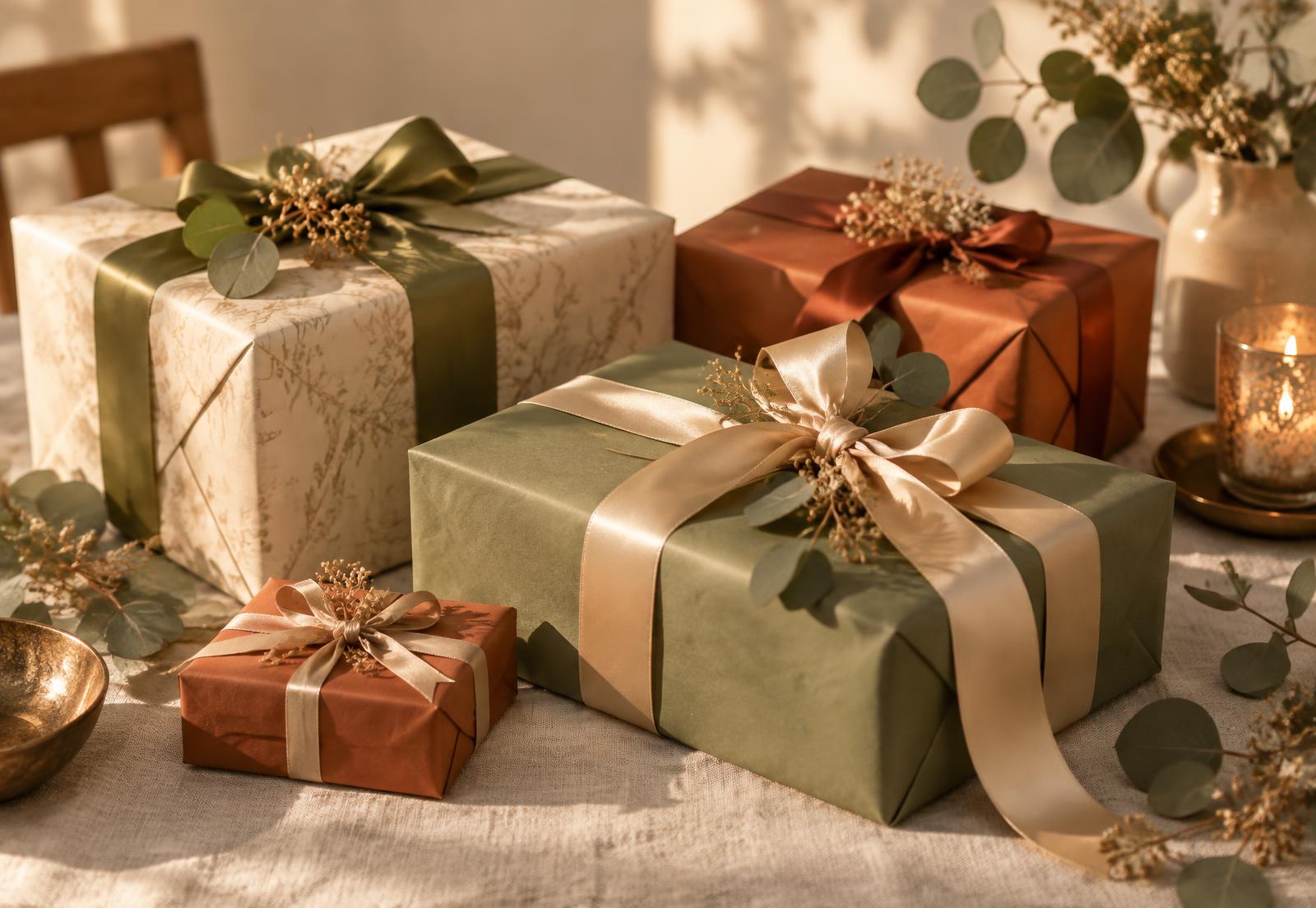 Wrapped gifts with ribbon on a linen table